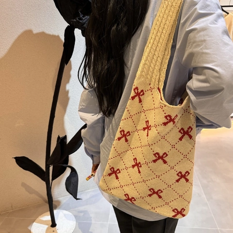 Knitted Tote Bag Women Argyle Pattern Bow Tie Soft Yarn Shoulder Handbag With Satin Scarf Sweet Casual Versatile