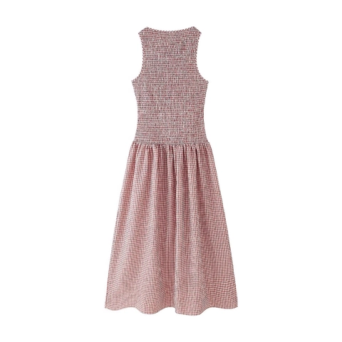 Gesmoktes Gingham Midi Kleid Ärmellos Rundhalsausschnitt Rot Weiß Kariert A Linie Sommer Damen