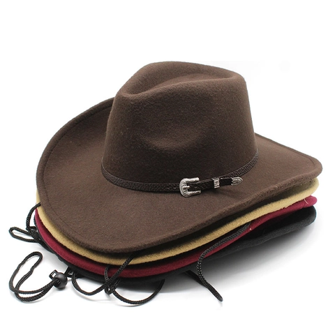 Vintage Western Cowboy Hat Felt Wide Brim Jazz Fedora With Leather Band Metal Buckle Adjustable Windproof Rope Unisex