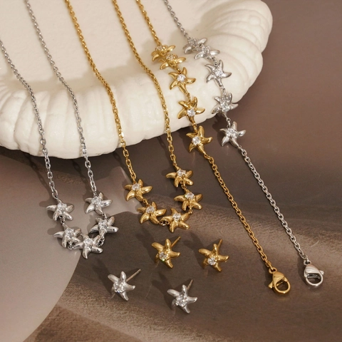 Starfish Jewelry Set Stainless Steel Zircon Star Necklace Earrings Bracelet Elegant Chic Women Beach Vacation Gold Silver