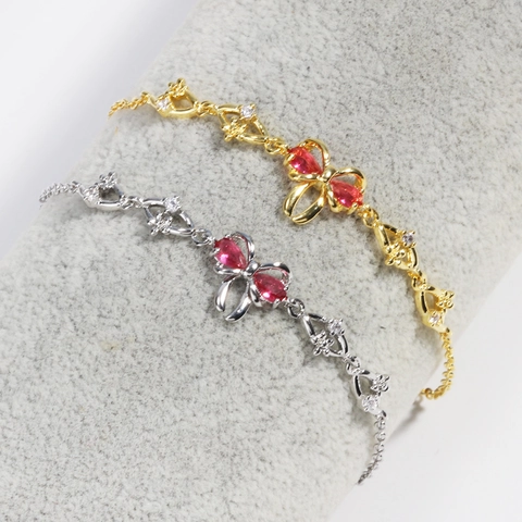 Elegante Bracciale Con Fiocco Ottone Zircone Rosso Catena Regolabile Gioielli Per Donne Stile Dolce