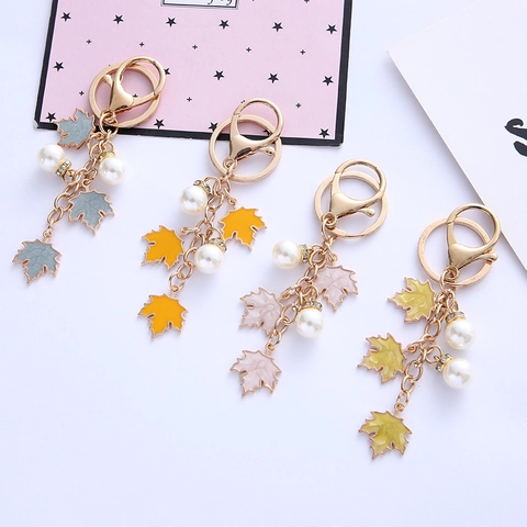 Portachiavi in Lega di Zinco Foglia d'Acero Perla Artificiale Oro Smalto Foglie Ciondolo Strass Accessorio Borsa Regalo Donna
