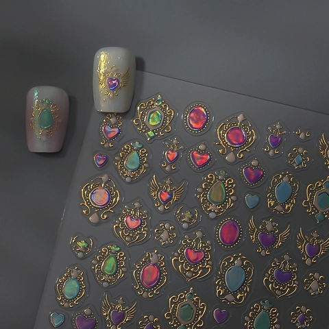 Barock 5D Geprägte Nagelaufkleber Vintage Herz Edelstein Goldrand Selbstklebende Decals Maniküre Dekoration Elegant Luxus Damen