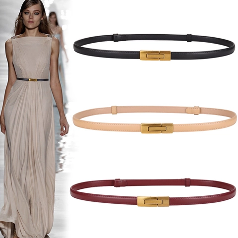 Ceinture Fine Pour Femme Cuir De Vachette De Première Couche Boucle En Alliage Doré Ajustable Accessoire De Mode