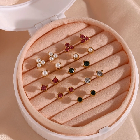 Orecchini a Bottone in Acciaio Inossidabile Con Zirconia e Perla Artificiale Orecchini Geometrici Tondi per Donna Gioielli