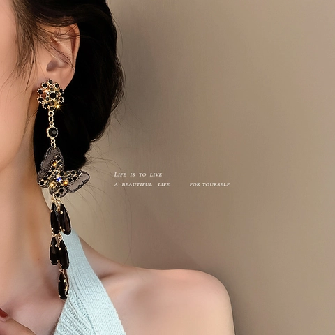 Boucles D'oreilles Longues Glands Papillon Alliage Noir Strass Maille Vintage Mode Avec Tige En Argent Sterling 925