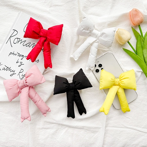 Plush Fabric Bowknot Expandable Phone Grip Stand Adhesive Padded Bow Universal Mobile Holder Solid Color Cute For Desk