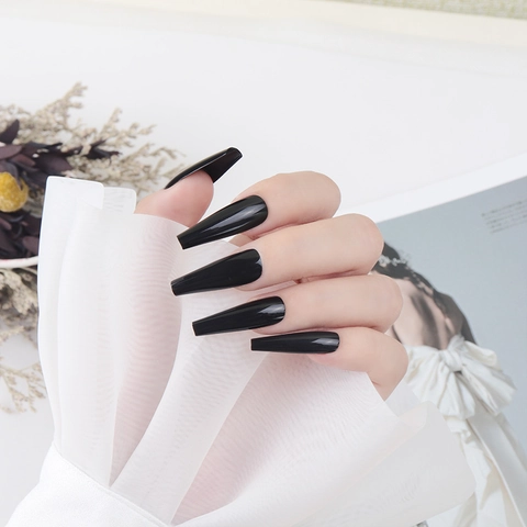 Extra Long Coffin Press On Nails Solid Color UV Coated Glossy Ballerina Style Artificial Nails For Women Daily Manicure