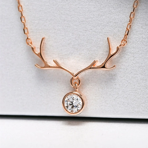 Copper Reindeer Antler Pendant Necklace With Zirconia Elegant Christmas Festival Jewelry For Women Gift