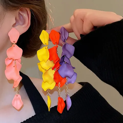 Pendientes Largos De Borla De Pétalos De Rosa Con Poste De Plata De Ley 925 Acrílico Aleación Vintage Elegante Mujer