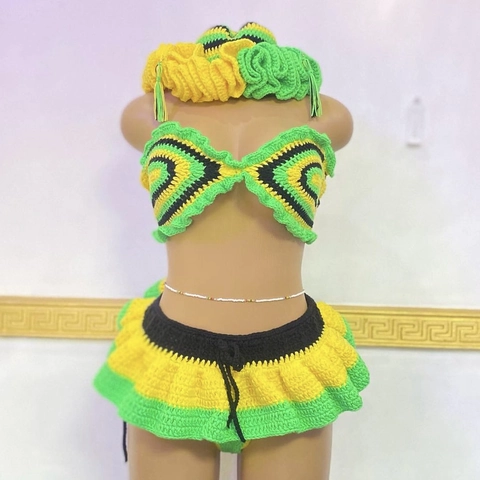 Handmade Crochet Bikini Top And Mini Skirt Beach Cover Up Hollow Out Knit Swimsuit Bohemian Stripes Vacation Outfit Women