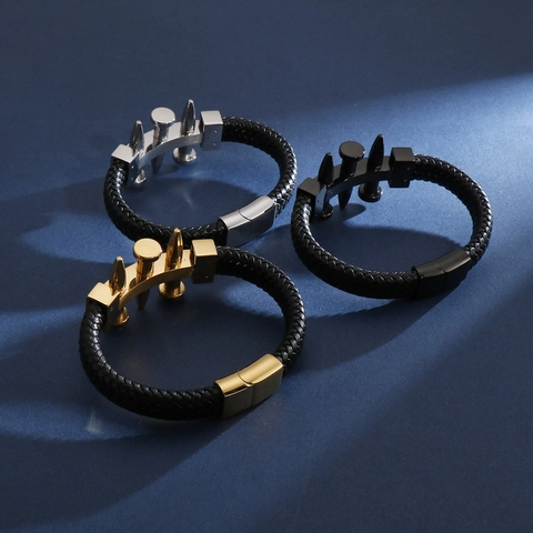 Men Woven Leather Bracelet With Stainless Steel Spike Nail Accents Magnetic Clasp Punk Industrial Jewelry Fashion Bangle