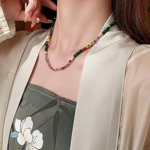 Collar Cuentas Retro Cristal Artificial Piedra Natural Textura Malaquita Estilo Chino Cadena Clavícula Ajustable Mujeres