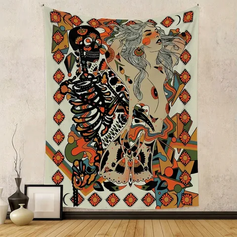 Bohemian Skeleton Tapestry Polyester Fabric Psychedelic Art Wall Hanging For Bedroom Living Room Floral Decoration