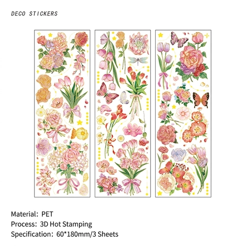 Pegatinas de PET con Estampado en Oro 3D Vintage Flores Mariposas Serie Mensajero de las Estaciones para Scrapbooking Diario DIY