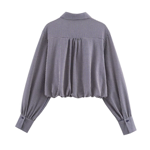 Camicia A Quadri Gingham A Maniche Lunghe Texture Seersucker Maniche A Palloncino Orlo Elastico Colletto Revers Per Donna