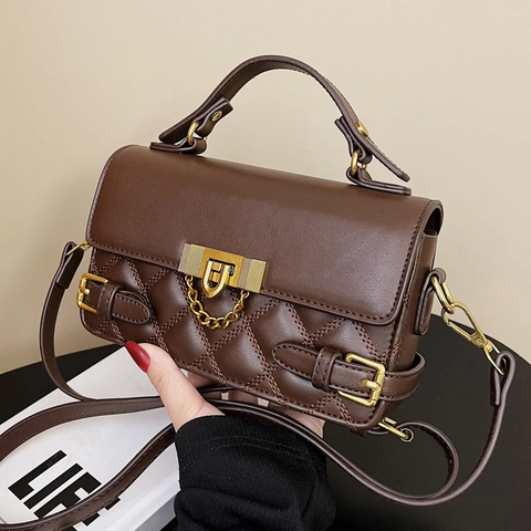 Sac À Main Matelassé En Cuir PU Petit Sac Carré Bandoulière Avec Chaîne Dorée Et Serrure Pour Femmes Style Rétro Quotidien