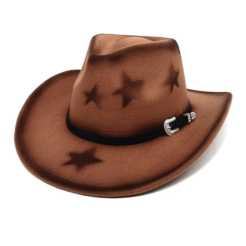 Western Cowboy Hat Cotton Polyester Felt Wide Brim Star Pattern Vintage Belt Buckle Sun Protection Outdoor Unisex