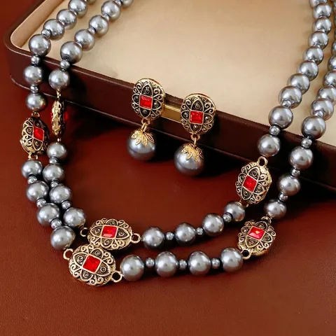 Vintage Jewelry Necklace And Earrings Double Layer Faux Artificial Pearl Alloy Rhinestone Silver Earring Post Baroque Style Women