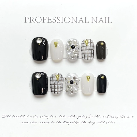 Uñas Postizas Press On Francesas Elegantes Con Perlas Artificiales Brillantes Tweed Cuadros Cadena Metálica Estilo De Lujo Para Mujer