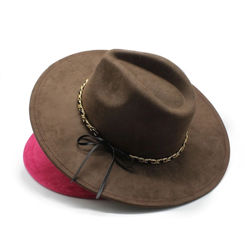 Cappello Fedora A Tesa Larga Donna E Uomo Jazz In Feltro Vintage Con Catena In Metallo E Decorazione Con Fiocco