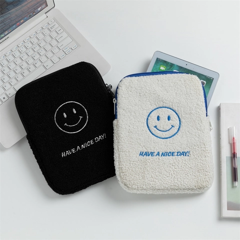 Teddy Fleece Laptop Sleeve Cute Smile Embroidery Pouch Soft Protective Tablet Bag For Notebook Computer