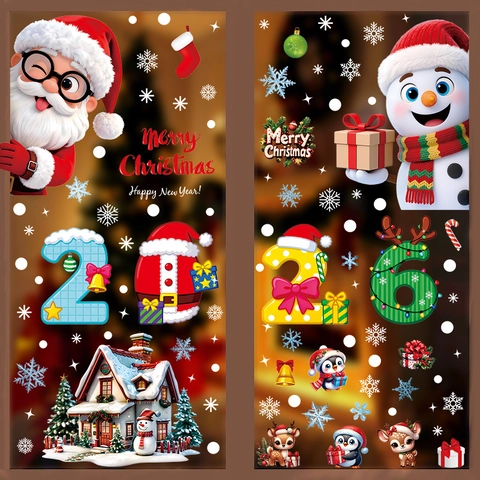 2026 Christmas Window Stickers Snowflakes Snowmen Static Cling DIY PVC Holiday Decals For Home New Year Party Shop Decor