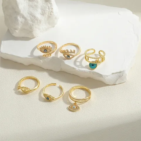 Französisch Vintage Kupfer Böser Blick Offener Ring Für Damen Vergoldet Zirkonia Emaille Geometrisch Verstellbar Mode Schmuck