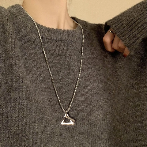Stainless Steel Geometric Interlocking Triangle Pendant Necklace Silver Color Minimalist Long Chain For Women