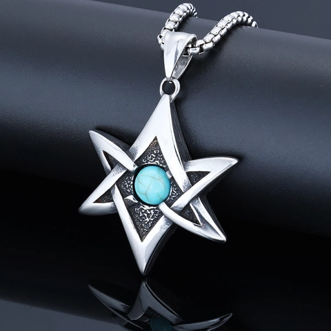 Collana Con Pendente Esagramma Vichingo Acciaio Inossidabile Con Turchese Sintetico Blu Stella Di David Amuleto Per Uomo Donna