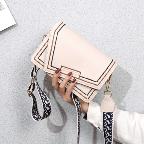 Women Crossbody Shoulder Bag PU Leather Geometric Stitching Wide Patterned Strap Flap Square Purse Urban Simple Trendy