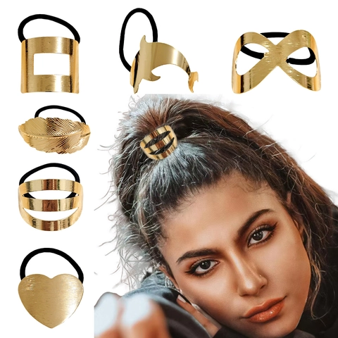 Geometric Metal Hair Ties Elastic Bands Gothic Punk Heart Leaf Dolphin Infinity Alloy Hair Accessories Women Girls