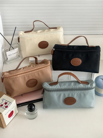 Tragbare Kosmetiktasche Nylon Kulturbeutel Reise Organizer Mit Ledergriff Leicht Wasserdicht Alltagstasche Unisex