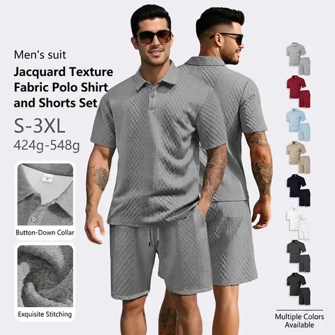 Men Short Sleeve Polyester Polo Shirt And Shorts Outfit Jacquard Textured Casual Summer Vacation Clothing