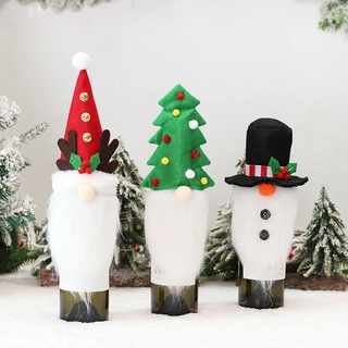 Christmas Gnome Wine Bottle Covers Felt Faux Fur Holiday Dinner Table Decor Handmade Rudolph Snowman Tree Designs
