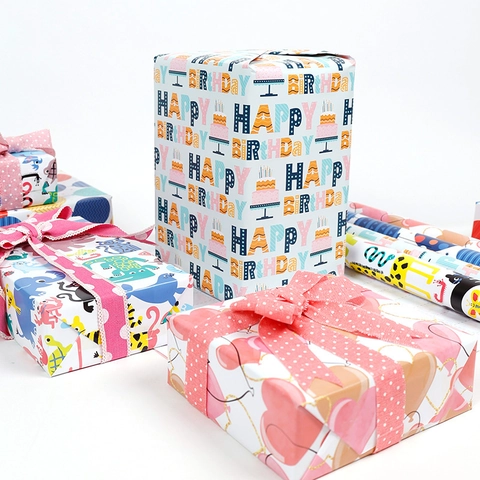 Colorful Cartoon Animal Birthday Gift Wrapping Paper Roll Coated Paper Balloon Heart Pattern For Party Celebration