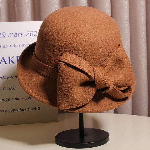 Chapeau Cloche Femme En Laine Élégant Style Français Vintage Chapeau Seau Hiver Avec Grand Nœud Mode Dame