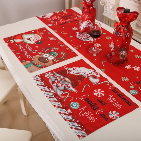 Red Christmas Table Placemats Cartoon Santa Claus Gnome Reindeer Print Heat Resistant Fabric Holiday Dining Decor