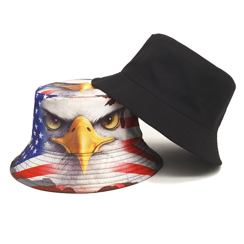 Omkeerbare Vissershoed Polyester Amerikaanse Vlag Adelaar Print Zonbescherming Outdoor Casual Hoofddeksels Heren