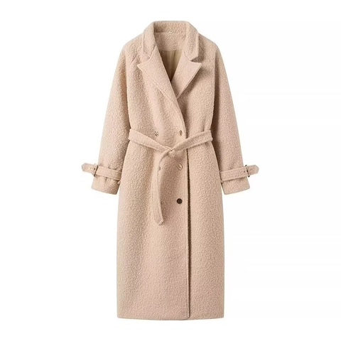 Women Long Sherpa Coat Notch Lapel Belted Double Breasted Textured Woolen Overcoat Mid Length Warm Winter Outerwear