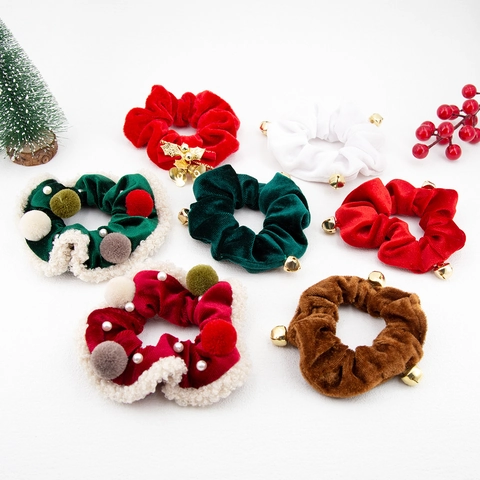 Christmas Hair Scrunchies Velvet Fabric Printed Patterns With Gold Bells Faux Artificial Pearls Plush Balls Festive Hair Ties