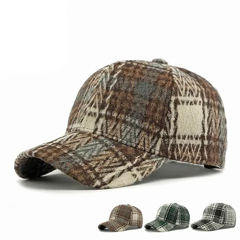 Plaid Baseball Cap Vintage Tweed Textured Adjustable Curved Brim Autumn Winter Warm Sun Protection Duck Tongue Hat