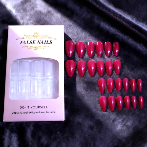 Almond Shape Press-On Nails Rose Red Glossy Full Cover Artificial False Nails For Women DIY Manicure