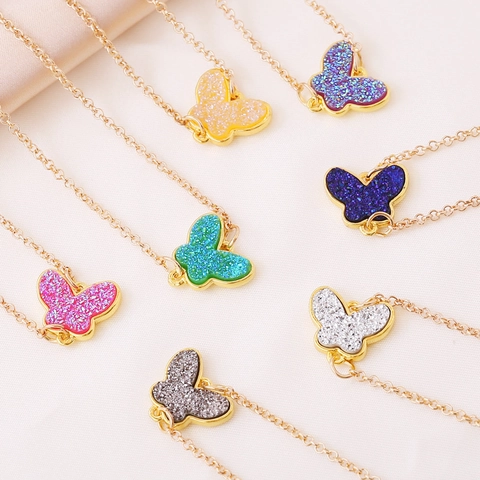 Butterfly Pendant Necklace Acrylic Alloy Frosted Glitter Adjustable Gold Chain Fashion Party Jewelry Retro Style For Women
