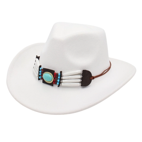 Western Cowboy Hat Vintage Felt Wide Brim Ethnic Beaded Band Turquoise Bohemian Style Retro Jazz Fedora For Women Men