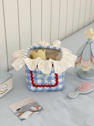 Cesto Portaoggetti In Tessuto Gingham Volant Pizzo Cesto Per Biancheria Farfalla Perla Artificial Arredamento Dolce Organizzatore Di Casa