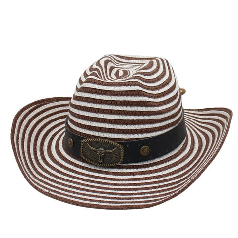 Western Cowboy Straw Hat Wide Brim Sun Protection Foldable Striped With Bull Head Metal Decor Wind Rope For Summer Beach