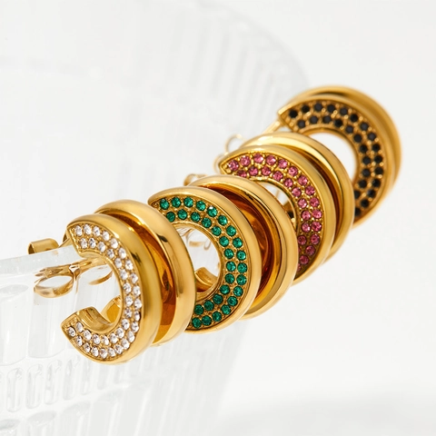 Vintage C-Shaped Hoop Earrings Stainless Steel Inlaid Colorful Rhinestones Fashion Luxury Jewelry For Women