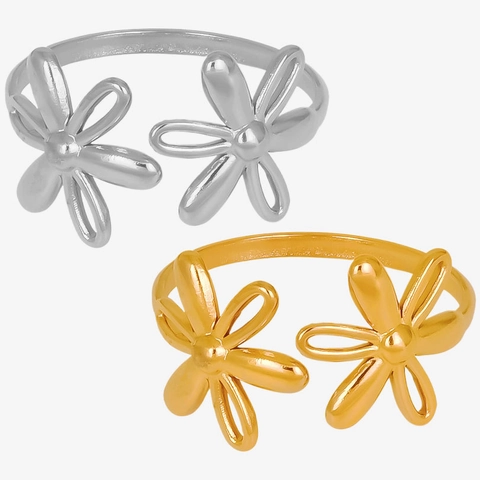 Daisy Flower Open Ring 304 Stainless Steel 18K Gold Plated Adjustable Double Layer Minimalist Chic Jewelry For Women