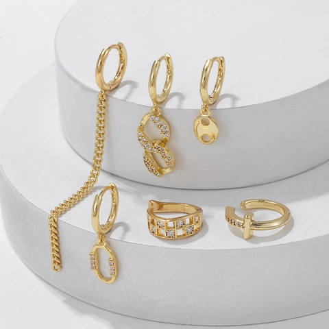 Set di 6 Paia di Orecchini a Cerchio in Rame con Zirconia Intarsiata a Forma di U Geometrica Individuale per Donna Gioielli Placcati in Oro Argento